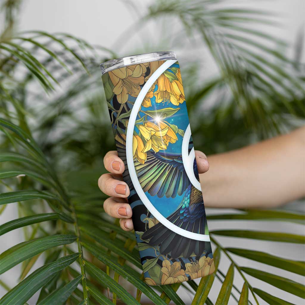 New Zealand Tui Bird Skinny Tumbler Maori Koru With Kowhai Flowers LT05 - Polynesian Pride