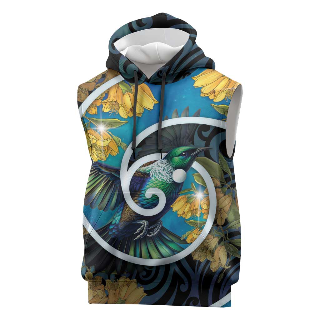 New Zealand Tui Bird Sleeveless Hoodie Maori Koru With Kowhai Flowers