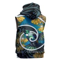 New Zealand Tui Bird Sleeveless Hoodie Maori Koru With Kowhai Flowers