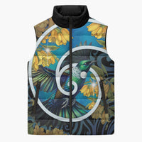 New Zealand Tui Bird Sleeveless Puffer Jacket Maori Koru With Kowhai Flowers LT05 Unisex Black - Polynesian Pride