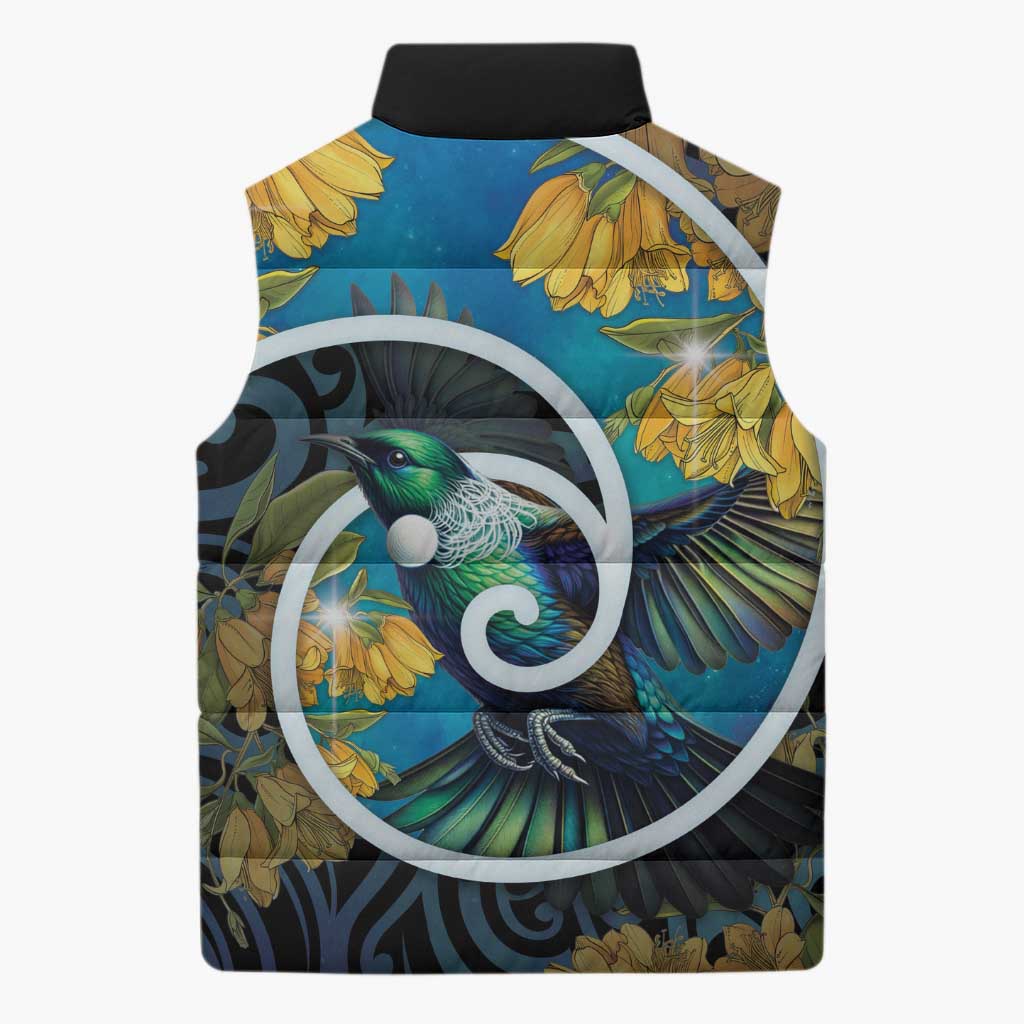 New Zealand Tui Bird Sleeveless Puffer Jacket Maori Koru With Kowhai Flowers LT05 - Polynesian Pride