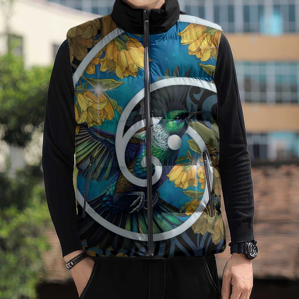 New Zealand Tui Bird Sleeveless Puffer Jacket Maori Koru With Kowhai Flowers LT05 - Polynesian Pride
