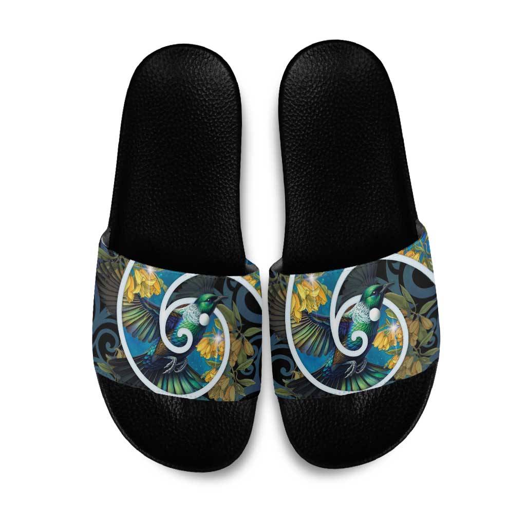 New Zealand Tui Bird Slide Sandals Maori Koru With Kowhai Flowers LT05 Black - Polynesian Pride