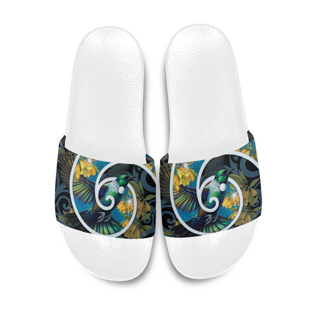 New Zealand Tui Bird Slide Sandals Maori Koru With Kowhai Flowers LT05 Black - Polynesian Pride