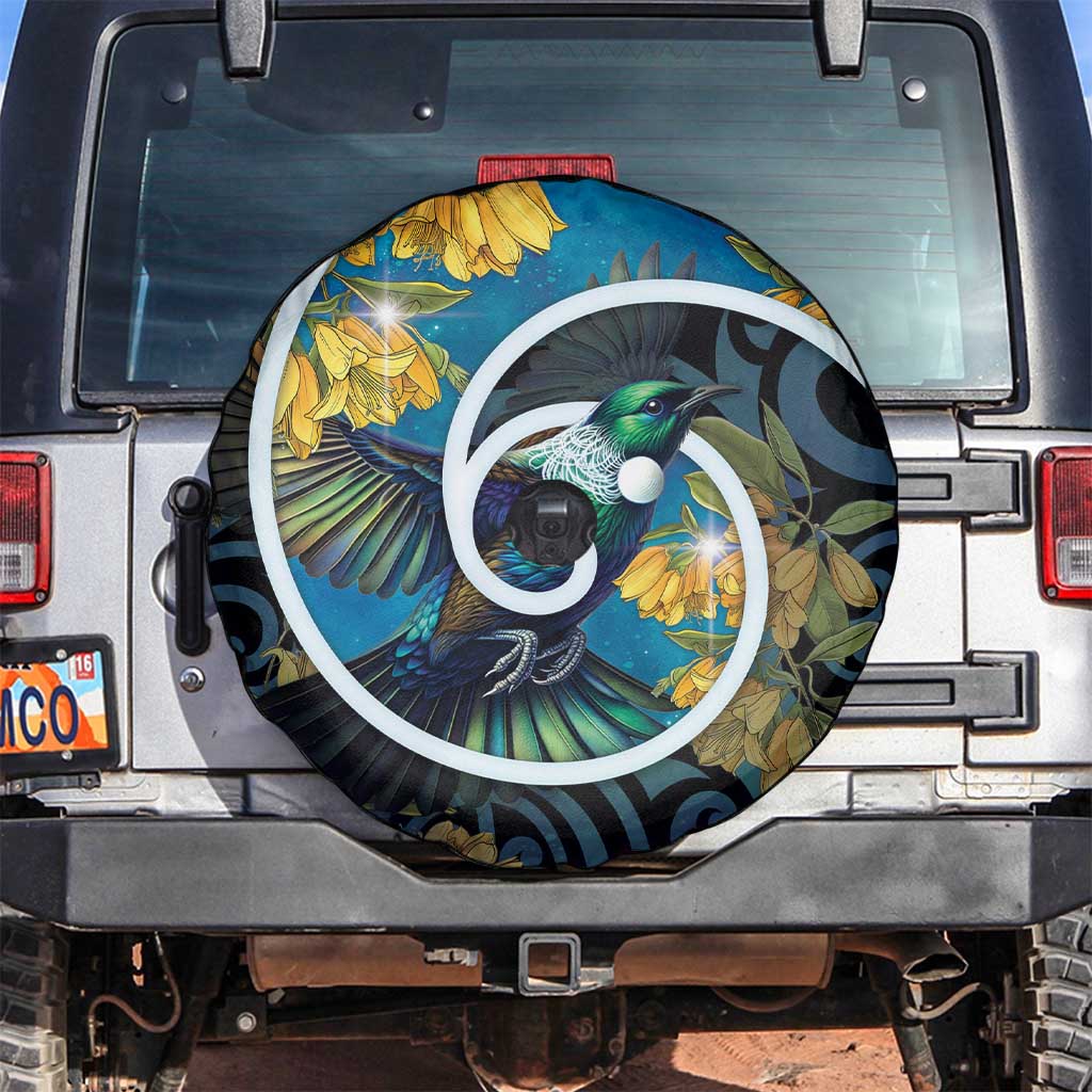 New Zealand Tui Bird Spare Tire Cover Maori Koru With Kowhai Flowers LT05 Black - Polynesian Pride