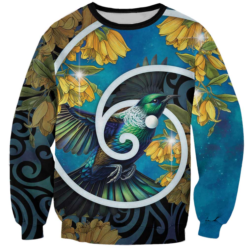 New Zealand Tui Bird Sweatshirt Maori Koru With Kowhai Flowers