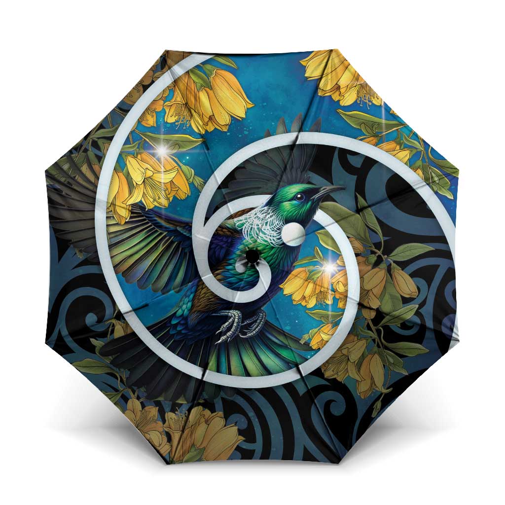 New Zealand Tui Bird Umbrella Maori Koru With Kowhai Flowers LT05 One Size Folded 11.42 inch Opened Diameter 37.4 inch Black - Polynesian Pride