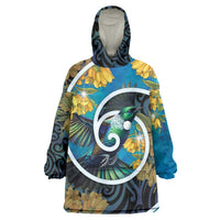 New Zealand Tui Bird Wearable Blanket Hoodie Maori Koru With Kowhai Flowers