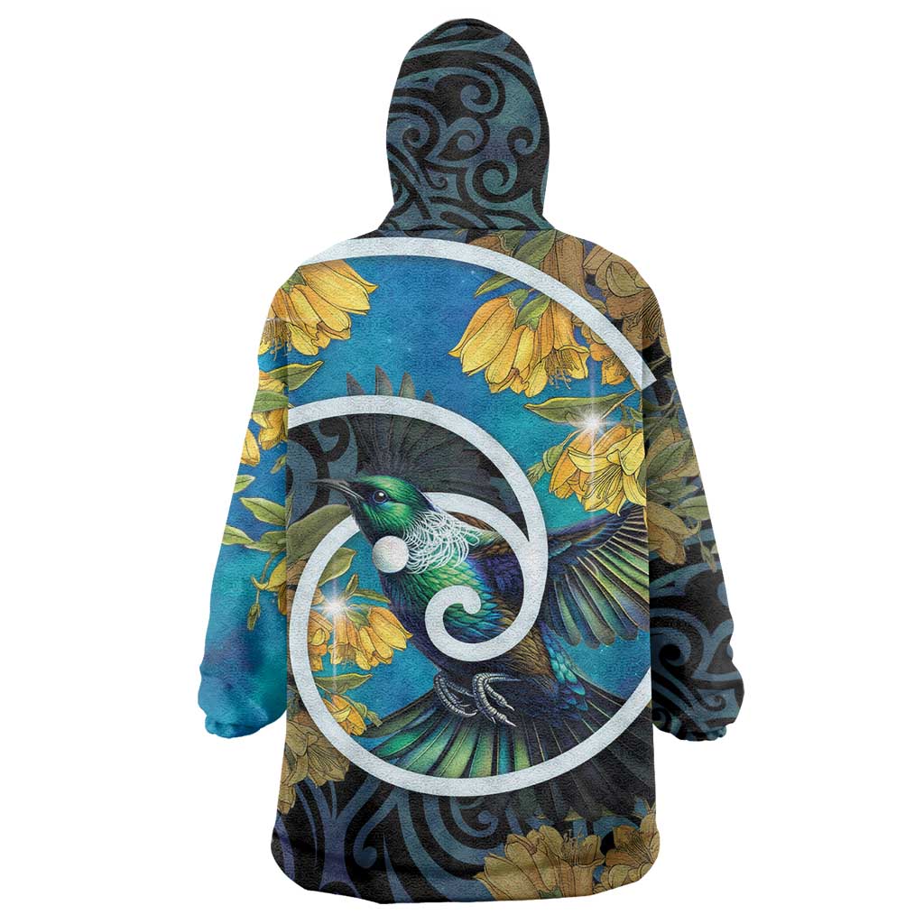 New Zealand Tui Bird Wearable Blanket Hoodie Maori Koru With Kowhai Flowers