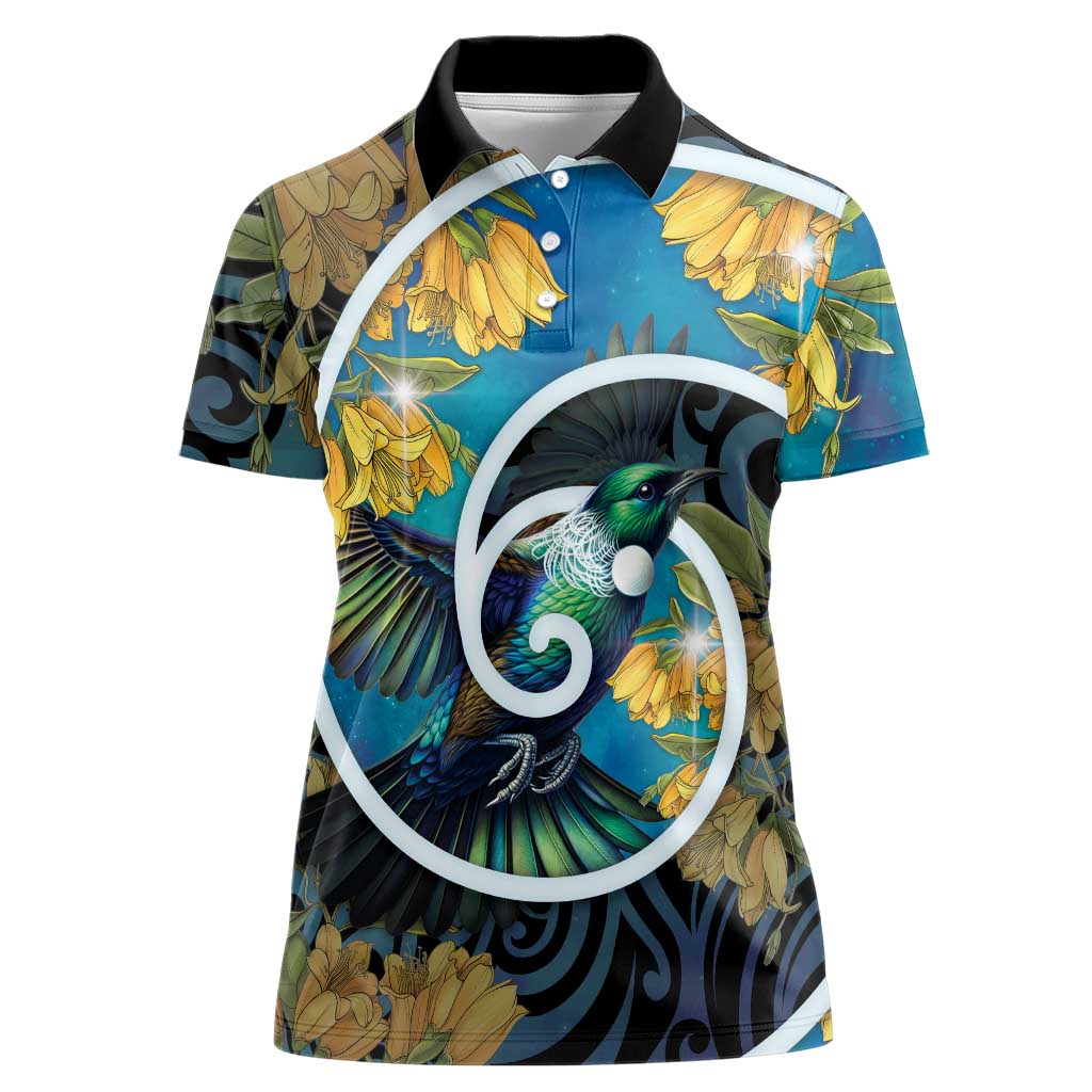 New Zealand Tui Bird Women Polo Shirt Maori Koru With Kowhai Flowers