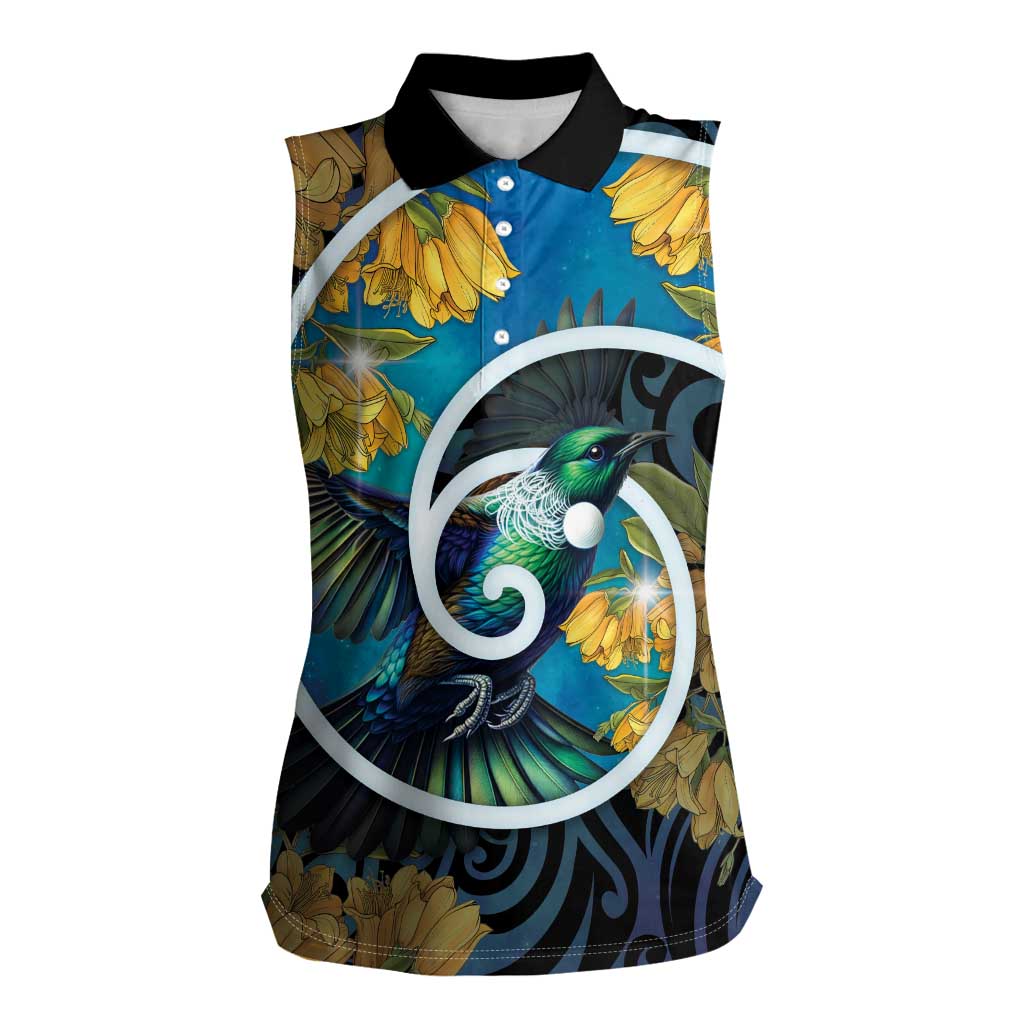 New Zealand Tui Bird Women Sleeveless Polo Shirt Maori Koru With Kowhai Flowers