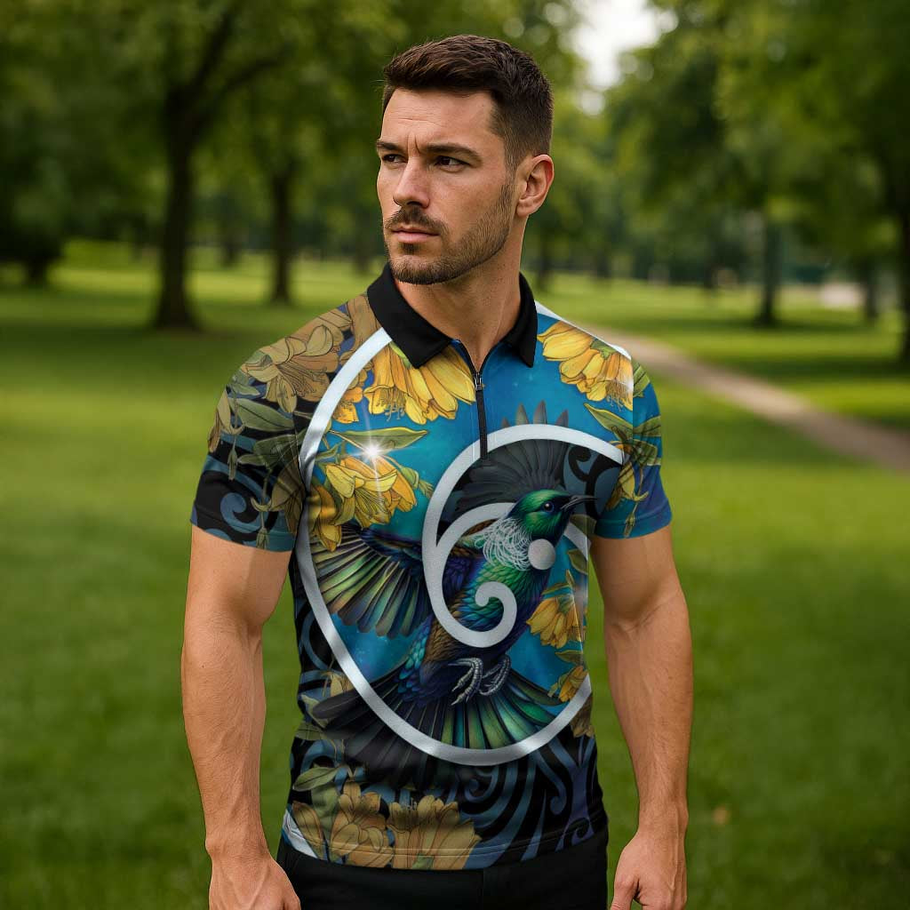 New Zealand Tui Bird Zipper Polo Shirt Maori Koru With Kowhai Flowers