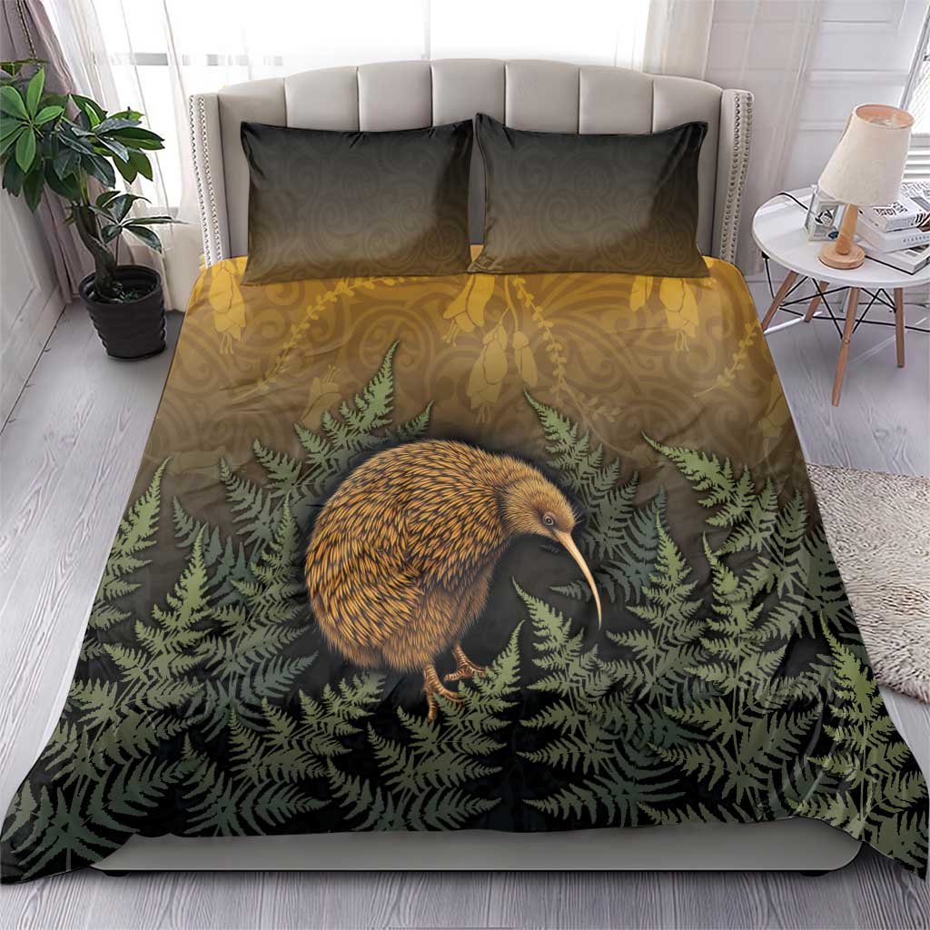 New Zealand Kiwi Bird Bedding Set Silver Fern Mix Maori Pattern