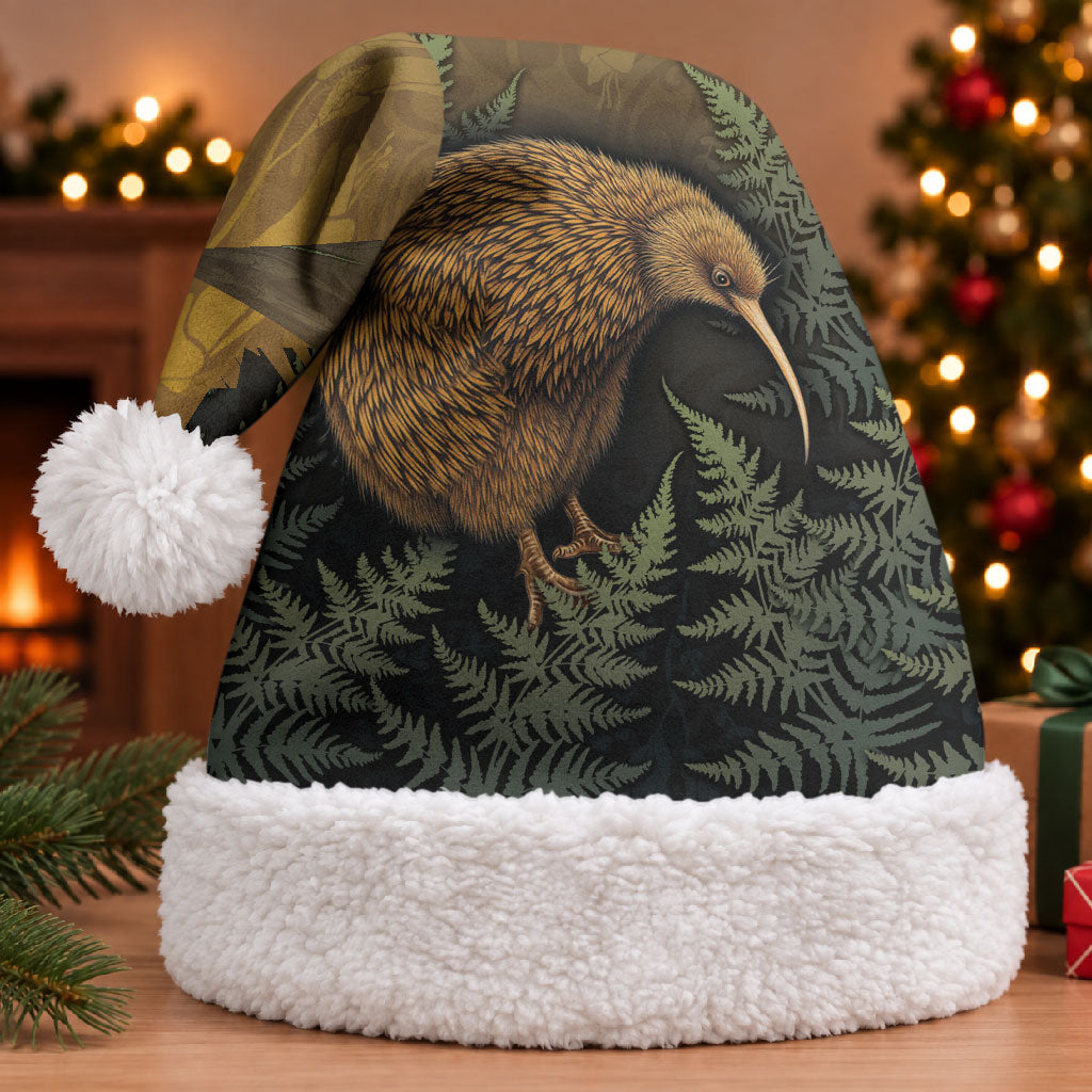 New Zealand Kiwi Bird Christmas Santa Hat Silver Fern Mix Maori Pattern LT05 With Fur Brown - Polynesian Pride