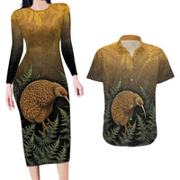 New Zealand Kiwi Bird Couples Matching Long Sleeve Bodycon Dress and Hawaiian Shirt Silver Fern Mix Maori Pattern
