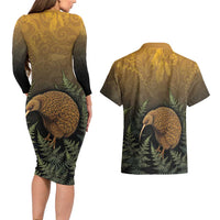 New Zealand Kiwi Bird Couples Matching Long Sleeve Bodycon Dress and Hawaiian Shirt Silver Fern Mix Maori Pattern
