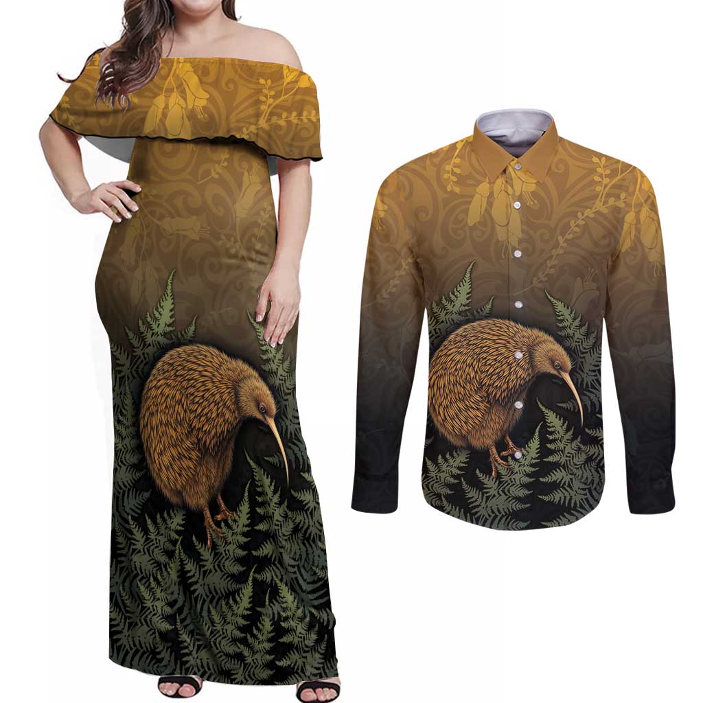 New Zealand Kiwi Bird Couples Matching Off Shoulder Maxi Dress and Long Sleeve Button Shirt Silver Fern Mix Maori Pattern LT05 Brown - Polynesian Pride