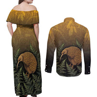 New Zealand Kiwi Bird Couples Matching Off Shoulder Maxi Dress and Long Sleeve Button Shirt Silver Fern Mix Maori Pattern LT05 - Polynesian Pride