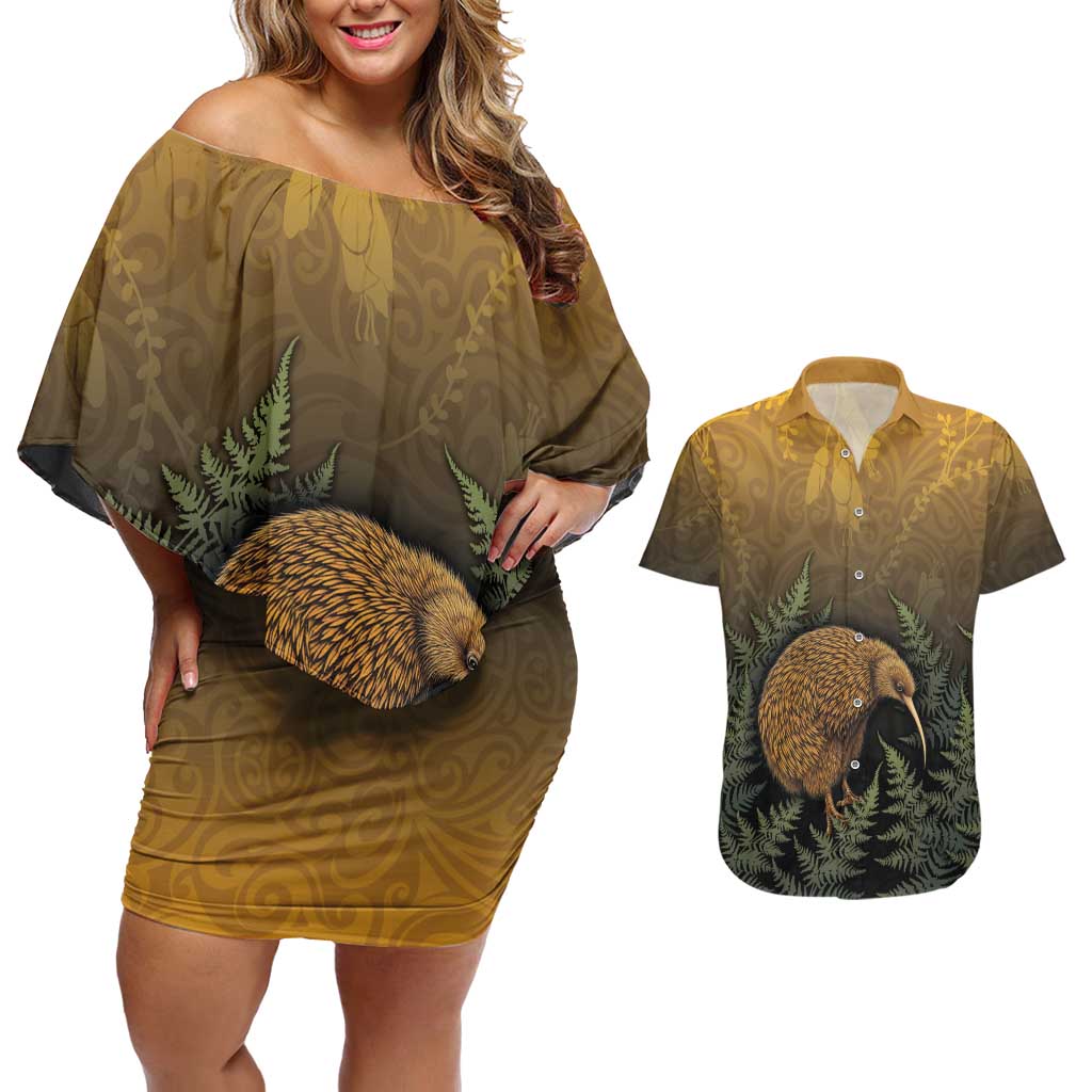 New Zealand Kiwi Bird Couples Matching Off Shoulder Short Dress and Hawaiian Shirt Silver Fern Mix Maori Pattern