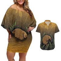 New Zealand Kiwi Bird Couples Matching Off Shoulder Short Dress and Hawaiian Shirt Silver Fern Mix Maori Pattern