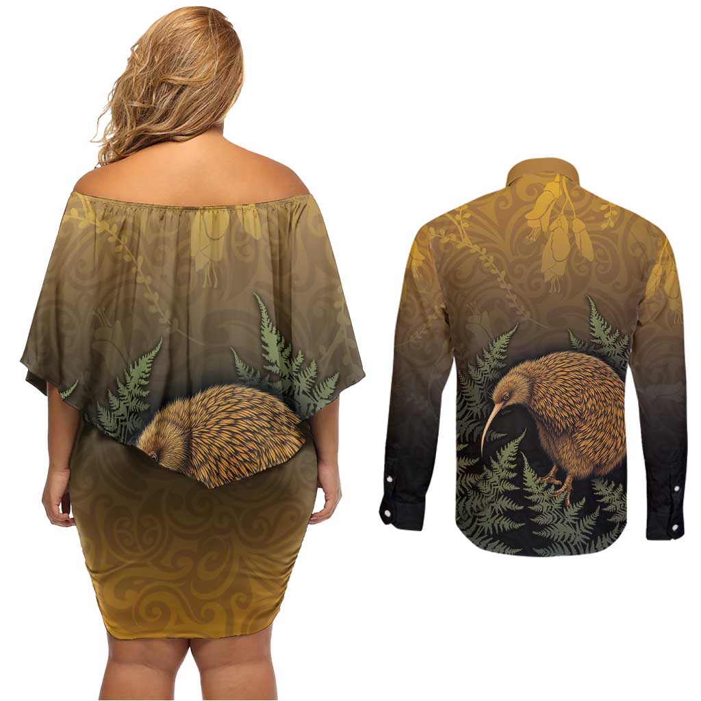 New Zealand Kiwi Bird Couples Matching Off Shoulder Short Dress and Long Sleeve Button Shirt Silver Fern Mix Maori Pattern LT05 - Polynesian Pride