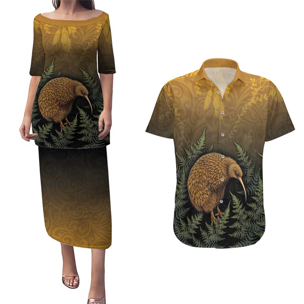 New Zealand Kiwi Bird Couples Matching Puletasi and Hawaiian Shirt Silver Fern Mix Maori Pattern LT05 Brown - Polynesian Pride