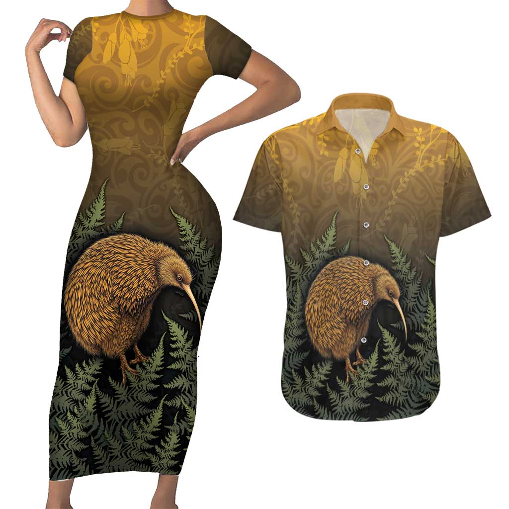 New Zealand Kiwi Bird Couples Matching Short Sleeve Bodycon Dress and Hawaiian Shirt Silver Fern Mix Maori Pattern LT05 Brown - Polynesian Pride