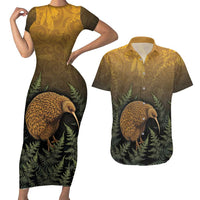 New Zealand Kiwi Bird Couples Matching Short Sleeve Bodycon Dress and Hawaiian Shirt Silver Fern Mix Maori Pattern LT05 Brown - Polynesian Pride