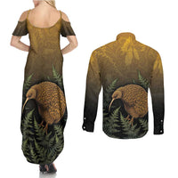 New Zealand Kiwi Bird Couples Matching Summer Maxi Dress and Long Sleeve Button Shirt Silver Fern Mix Maori Pattern LT05 - Polynesian Pride