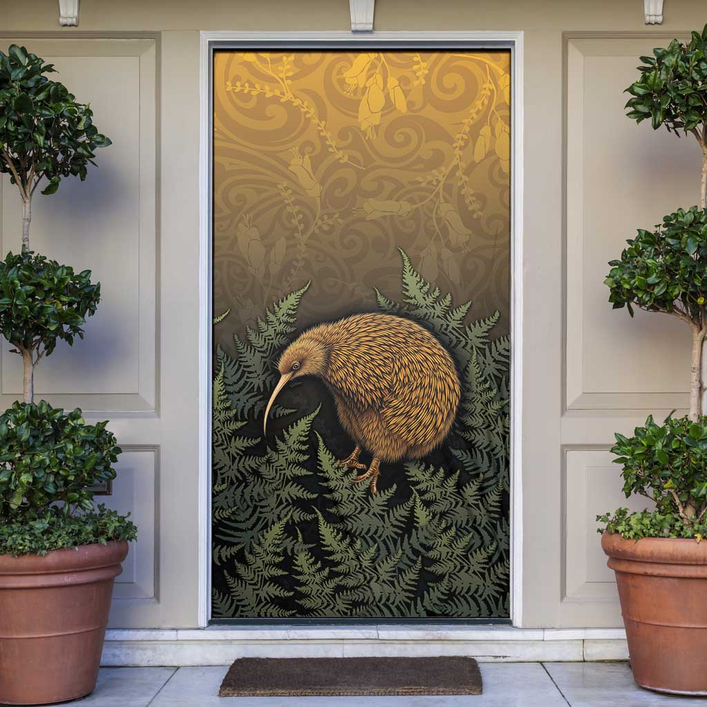 New Zealand Kiwi Bird Door Cover Silver Fern Mix Maori Pattern