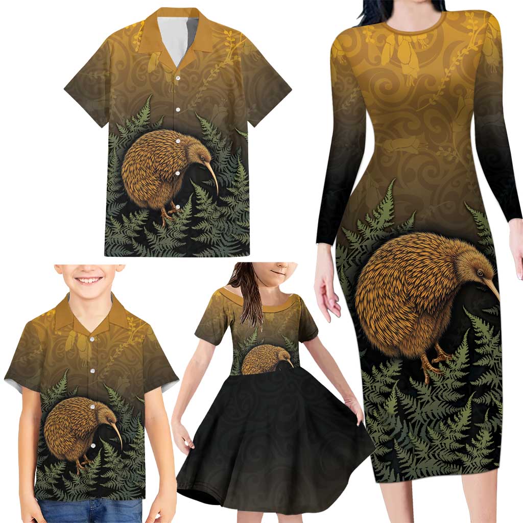 New Zealand Kiwi Bird Family Matching Long Sleeve Bodycon Dress and Hawaiian Shirt Silver Fern Mix Maori Pattern