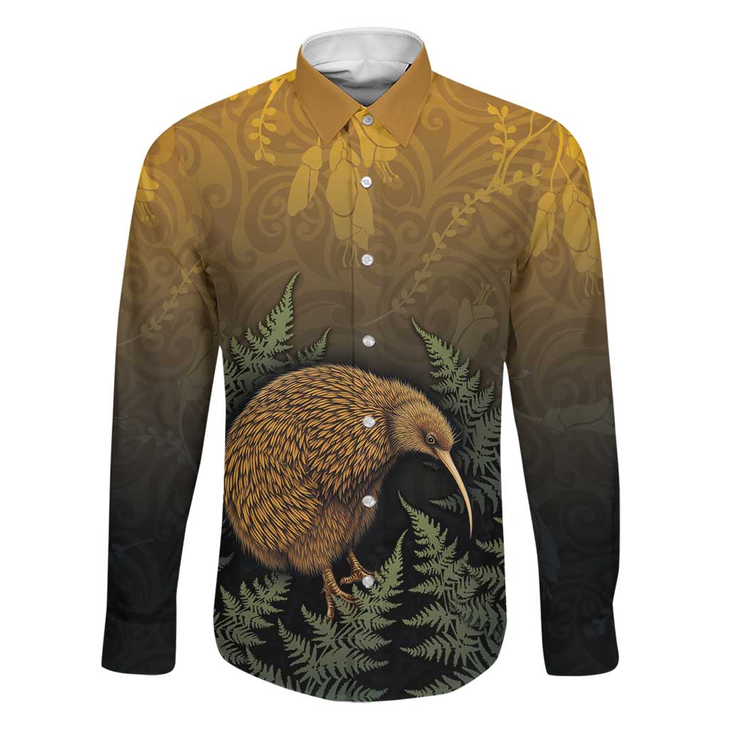 New Zealand Kiwi Bird Family Matching Off Shoulder Maxi Dress and Hawaiian Shirt Silver Fern Mix Maori Pattern LT05 Dad's Shirt - Long Sleeve Brown - Polynesian Pride