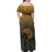 New Zealand Kiwi Bird Family Matching Off Shoulder Maxi Dress and Hawaiian Shirt Silver Fern Mix Maori Pattern LT05 - Polynesian Pride