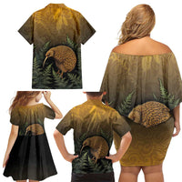 New Zealand Kiwi Bird Family Matching Off Shoulder Short Dress and Hawaiian Shirt Silver Fern Mix Maori Pattern LT05 - Polynesian Pride