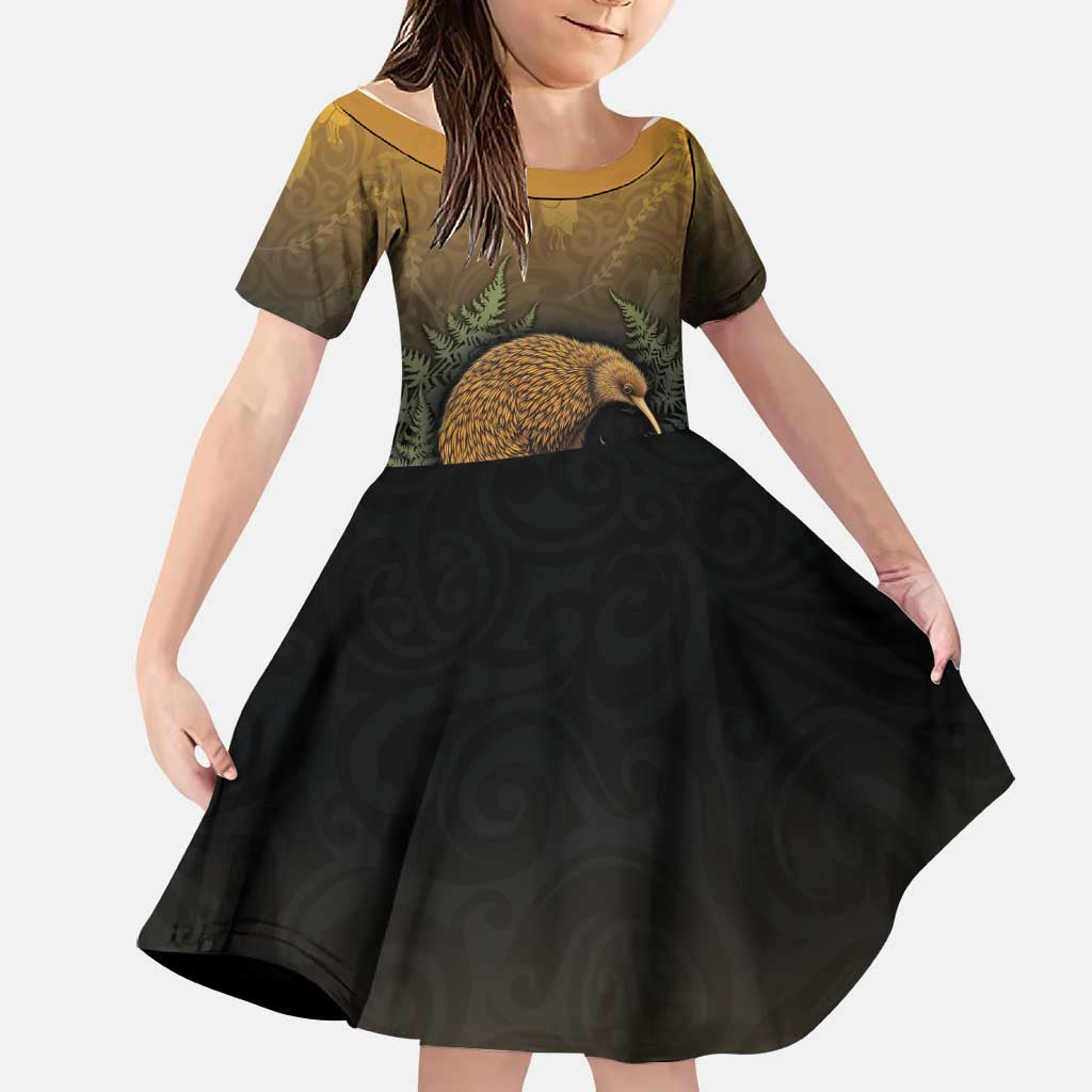 New Zealand Kiwi Bird Family Matching Puletasi and Hawaiian Shirt Silver Fern Mix Maori Pattern LT05 Daughter's Dress Brown - Polynesian Pride