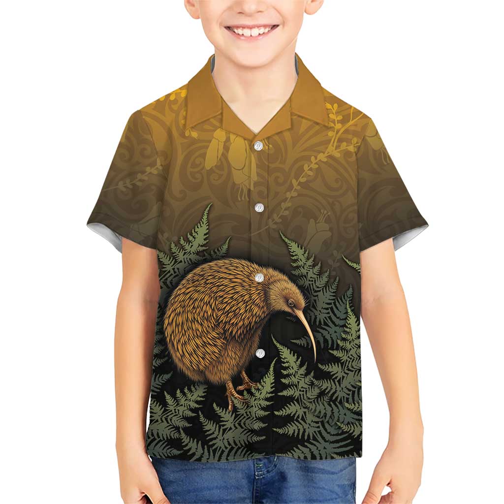 New Zealand Kiwi Bird Family Matching Short Sleeve Bodycon Dress and Hawaiian Shirt Silver Fern Mix Maori Pattern LT05 Son's Shirt Brown - Polynesian Pride
