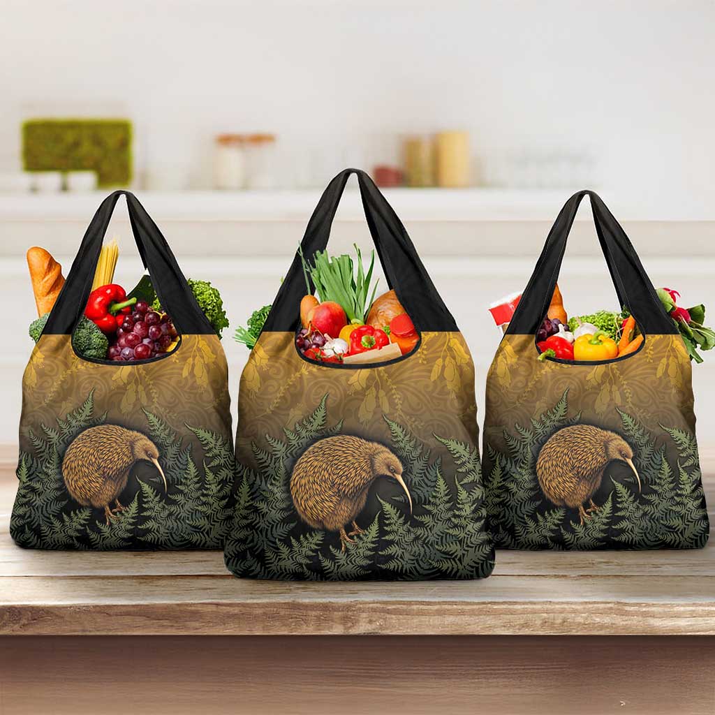 New Zealand Kiwi Bird Grocery Bag Silver Fern Mix Maori Pattern LT05 3-pack One Size Brown - Polynesian Pride