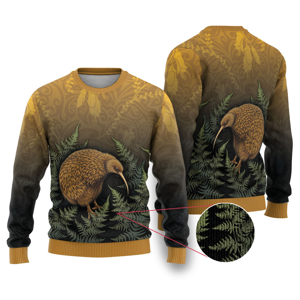 New Zealand Kiwi Bird Ugly Christmas Sweater Silver Fern Mix Maori Pattern LT05 Brown - Polynesian Pride