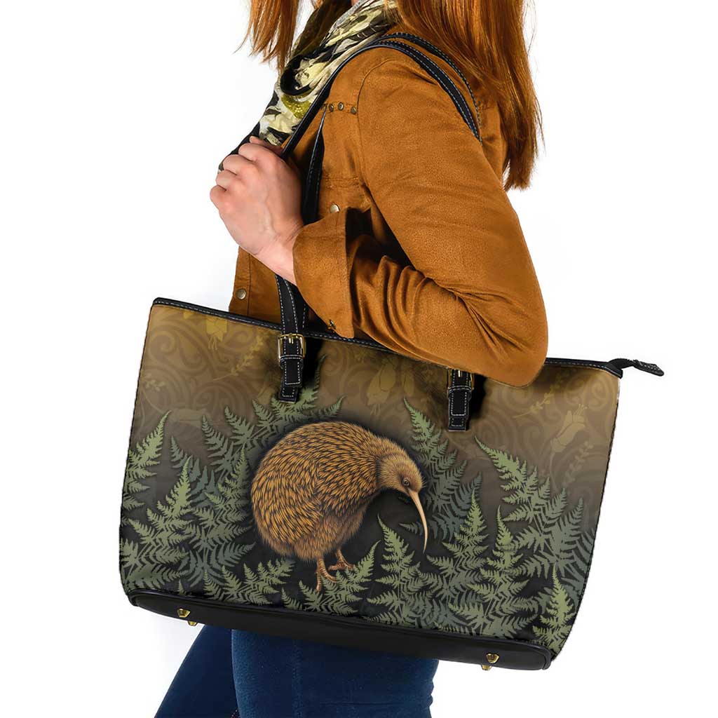 New Zealand Kiwi Bird Leather Tote Bag Silver Fern Mix Maori Pattern