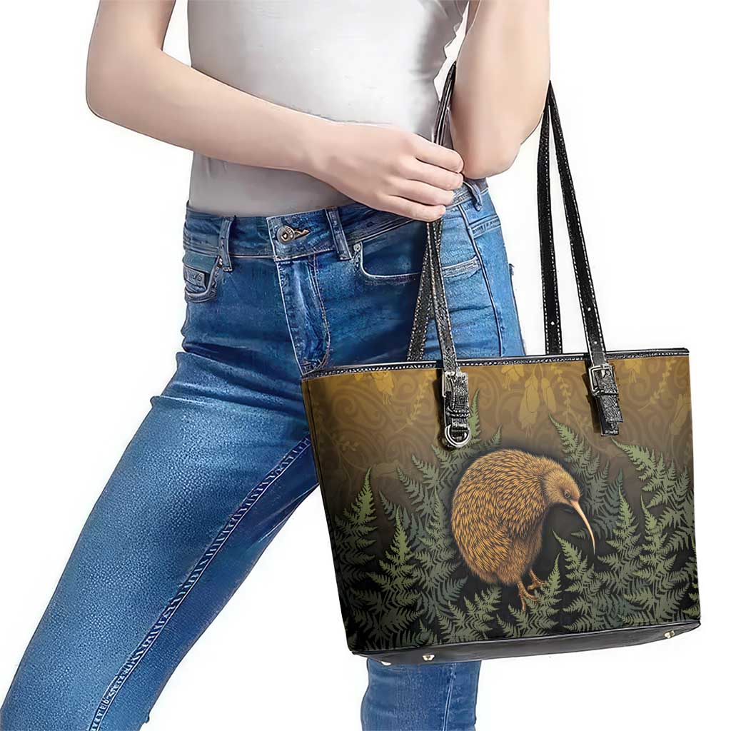 New Zealand Kiwi Bird Leather Tote Bag Silver Fern Mix Maori Pattern
