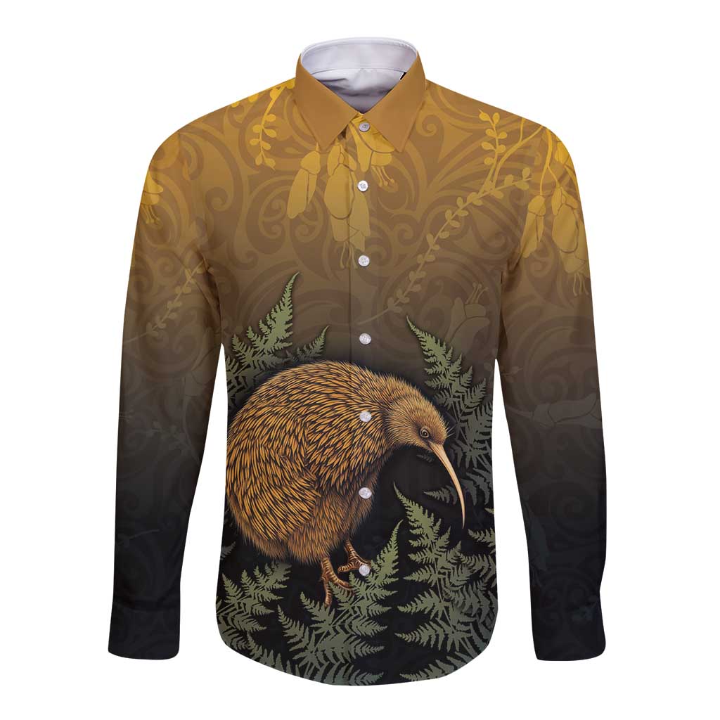 New Zealand Kiwi Bird Long Sleeve Button Shirt Silver Fern Mix Maori Pattern