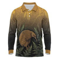 New Zealand Kiwi Bird Long Sleeve Polo Shirt Silver Fern Mix Maori Pattern