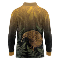New Zealand Kiwi Bird Long Sleeve Polo Shirt Silver Fern Mix Maori Pattern
