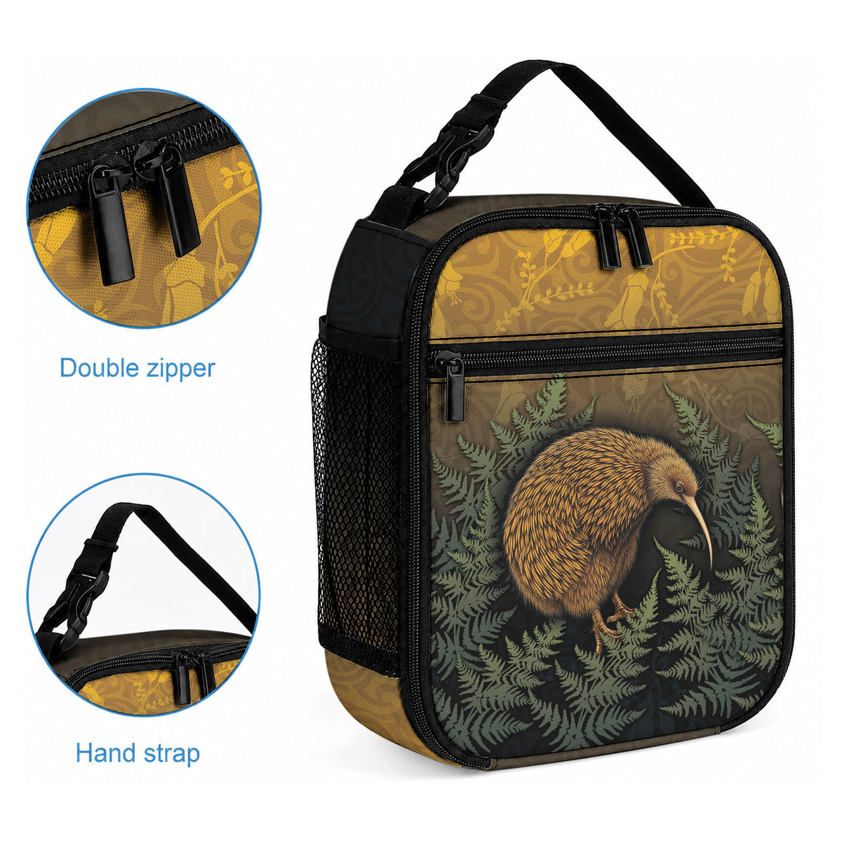 New Zealand Kiwi Bird Lunch Bag Silver Fern Mix Maori Pattern
