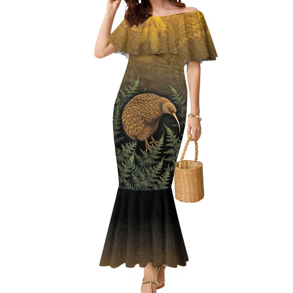 New Zealand Kiwi Bird Mermaid Dress Silver Fern Mix Maori Pattern LT05 Women Brown - Polynesian Pride
