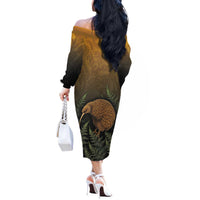 New Zealand Kiwi Bird Off The Shoulder Long Sleeve Dress Silver Fern Mix Maori Pattern LT05 - Polynesian Pride