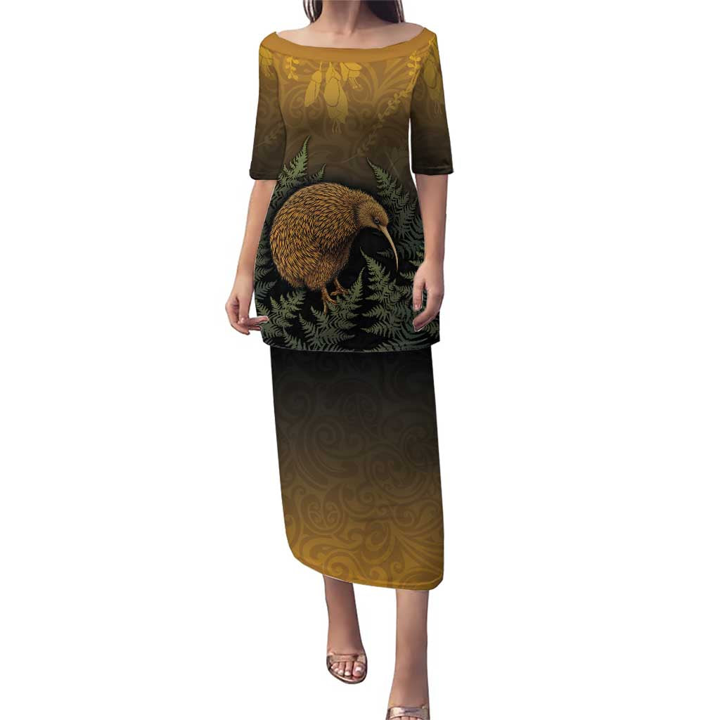 New Zealand Kiwi Bird Puletasi Silver Fern Mix Maori Pattern LT05 Long Dress Brown - Polynesian Pride