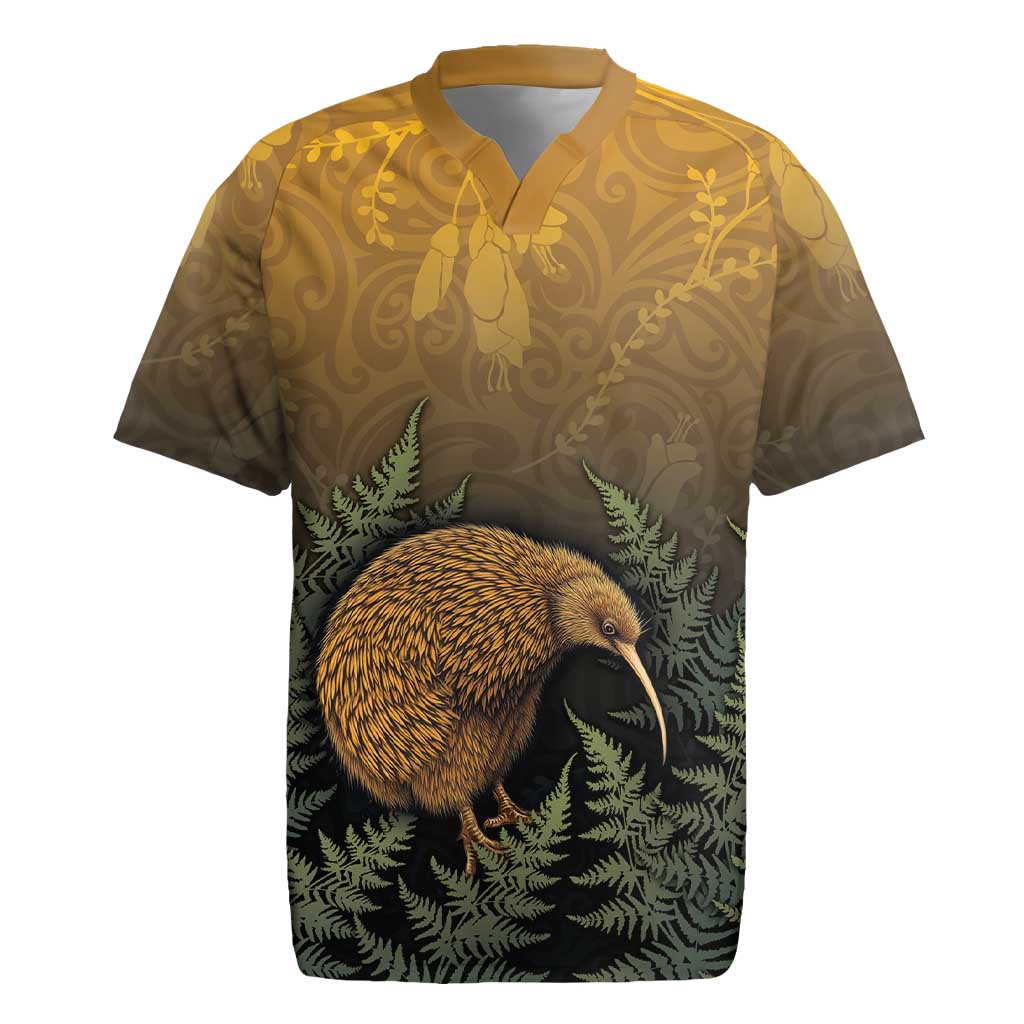 New Zealand Kiwi Bird Rugby Jersey Silver Fern Mix Maori Pattern LT05 Brown - Polynesian Pride