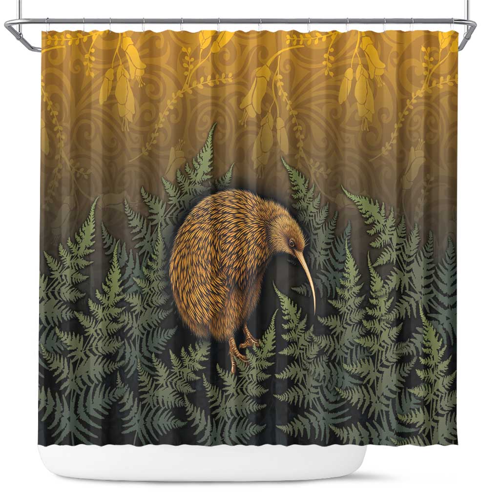 New Zealand Kiwi Bird Shower Curtain Silver Fern Mix Maori Pattern
