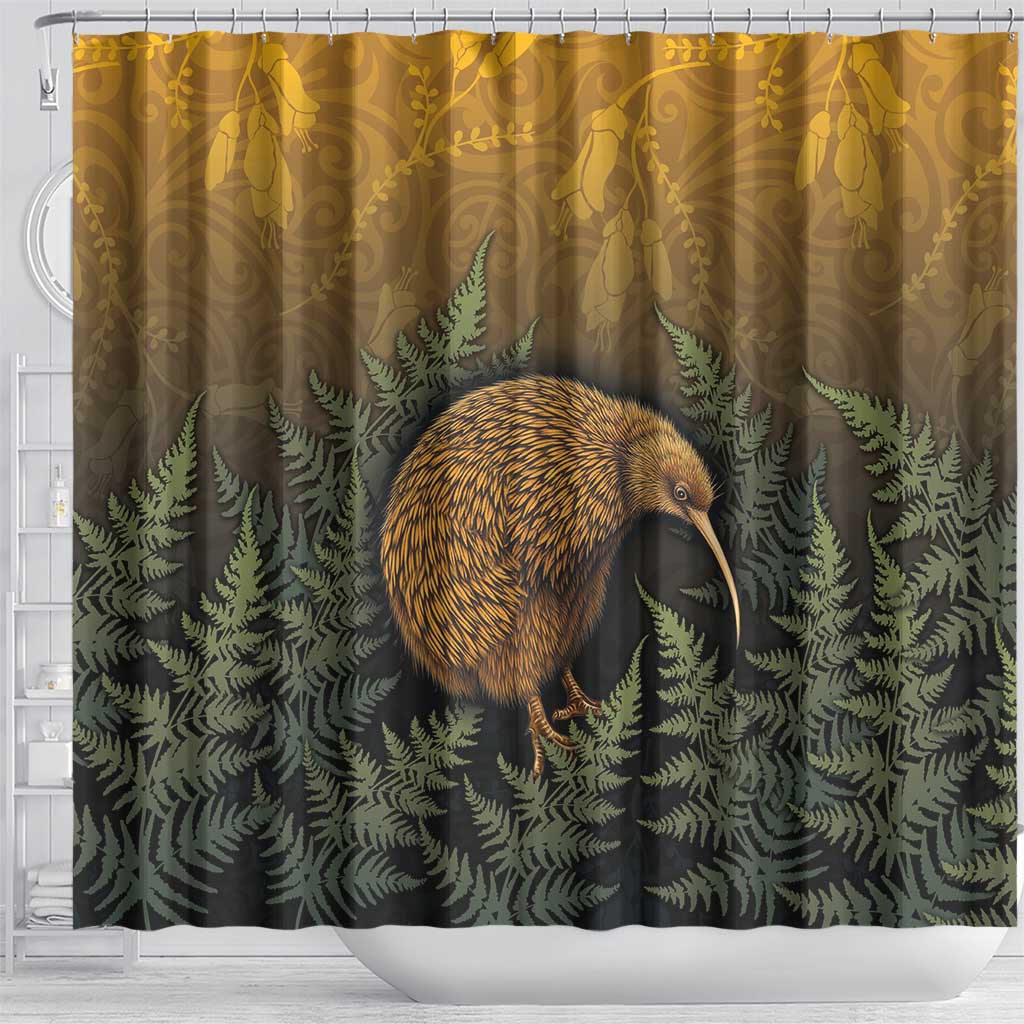 New Zealand Kiwi Bird Shower Curtain Silver Fern Mix Maori Pattern